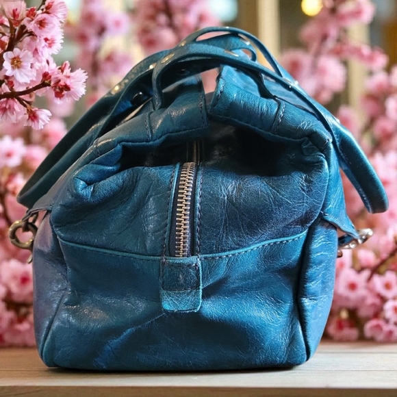 Vtg Francesco Biasia Teal Leather Hand Bag Purse Flap Lock Silver Hardware Italy - Picture 6 of 15